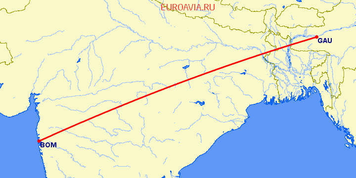 перелет Бомбей — Gawahati на карте