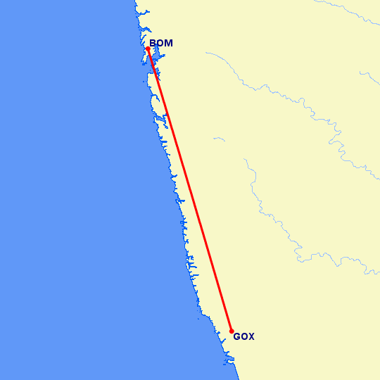 перелет Бомбей — Северное ГОА на карте