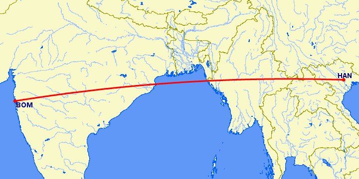перелет Бомбей — Ханой на карте