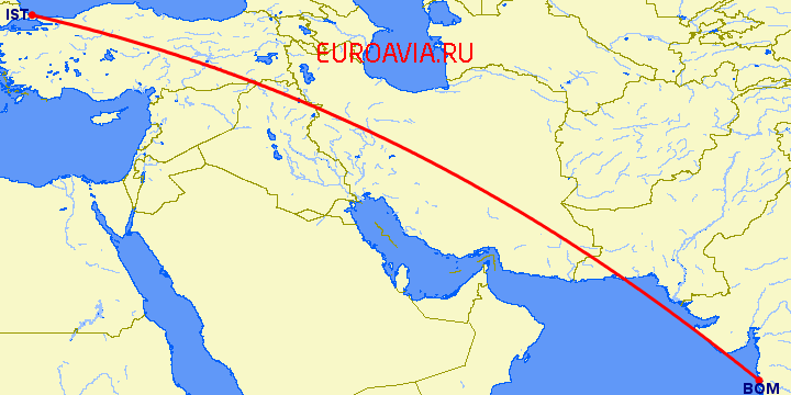 перелет Бомбей — Стамбул на карте