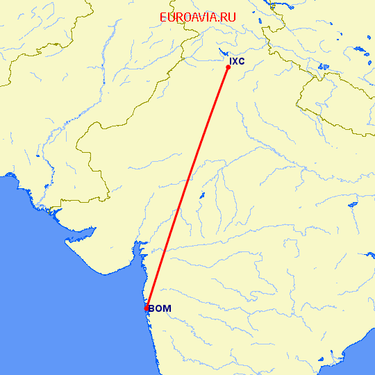 перелет Бомбей — Чандигарх на карте
