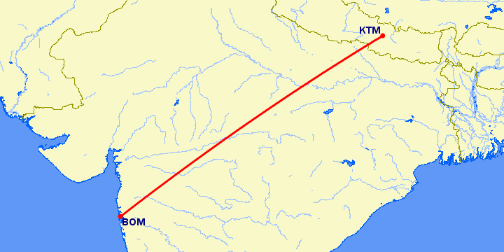 перелет Бомбей — Катманду на карте