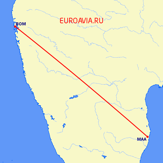 перелет Бомбей — Мадрас Ченнай на карте
