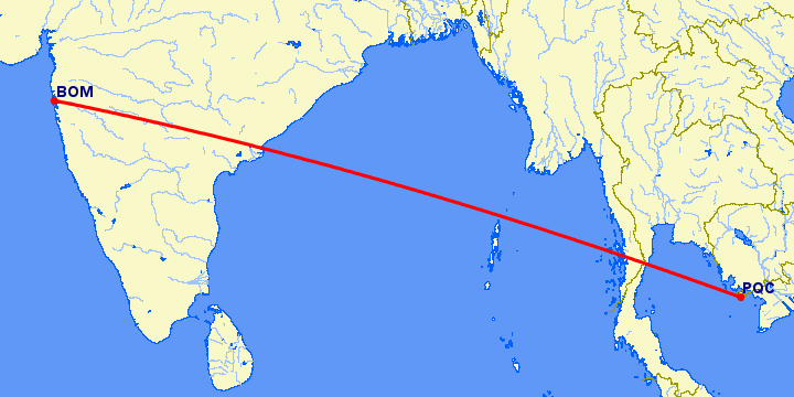 перелет Бомбей — Пху Квок на карте