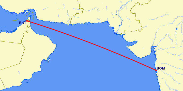 перелет Бомбей — Рас аль Хайма на карте