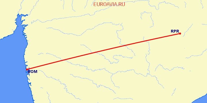 перелет Бомбей — Райпур на карте