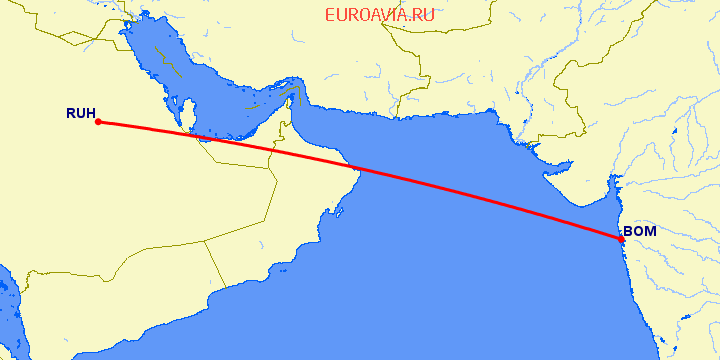 перелет Бомбей — Эр Рияд на карте
