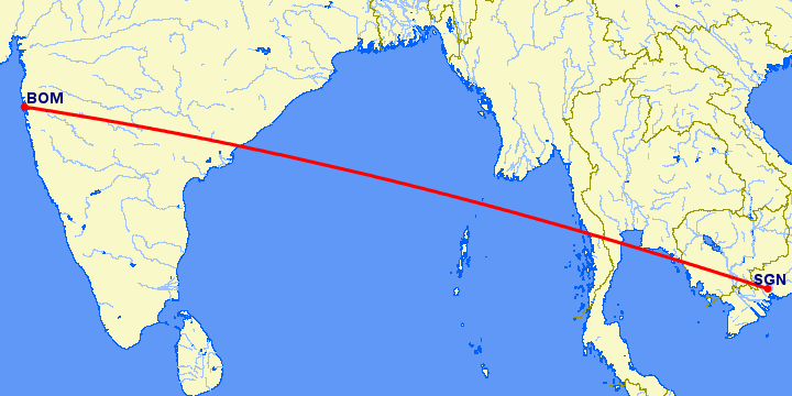 перелет Бомбей — Хошимин на карте