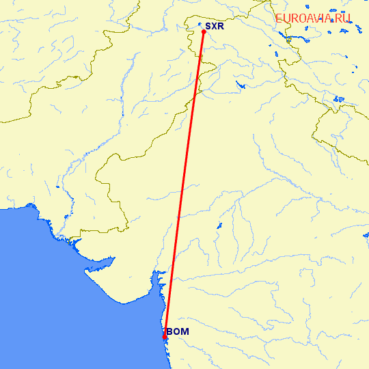 перелет Бомбей — Сринагар на карте
