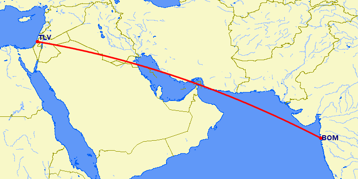 перелет Бомбей — Тель Авив на карте