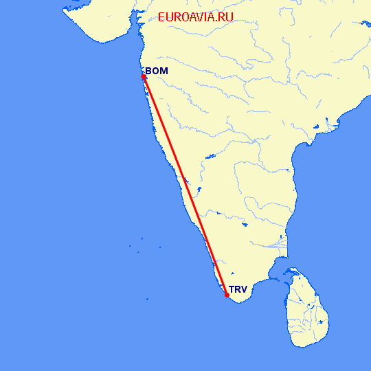 перелет Бомбей — Тривандрум на карте