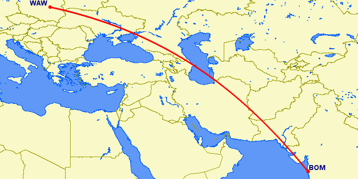 перелет Бомбей — Варшава на карте