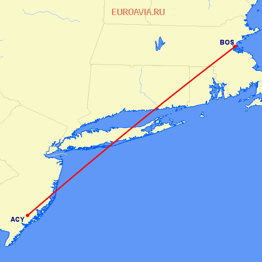 перелет Бостон — Атлантик Сити на карте