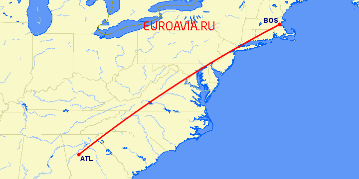 перелет Бостон — Атланта на карте