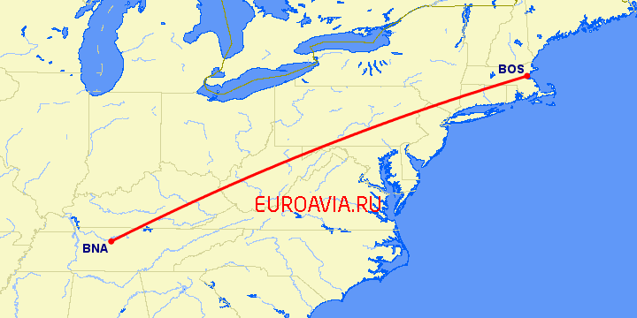 перелет Бостон — Нашвилл на карте