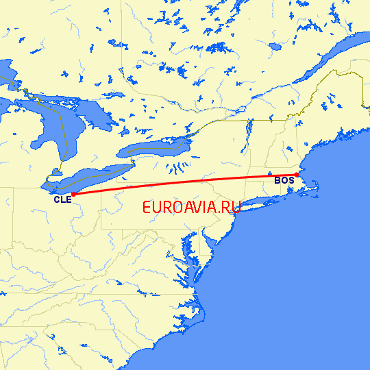 перелет Бостон — Кливленд на карте