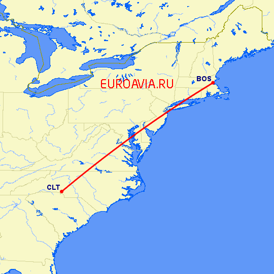 перелет Бостон — Шарлотт на карте