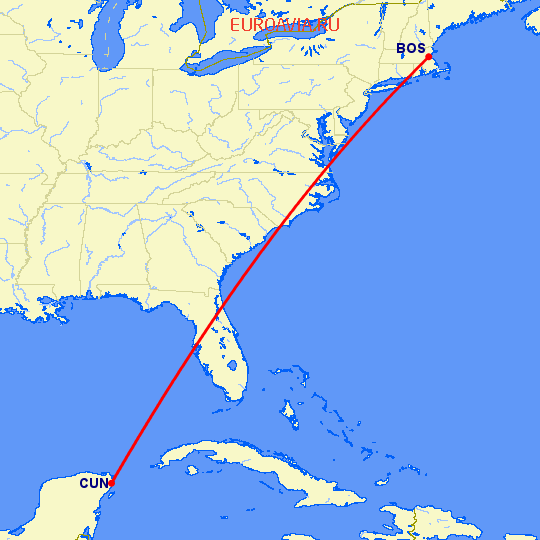 перелет Бостон — Канкун на карте