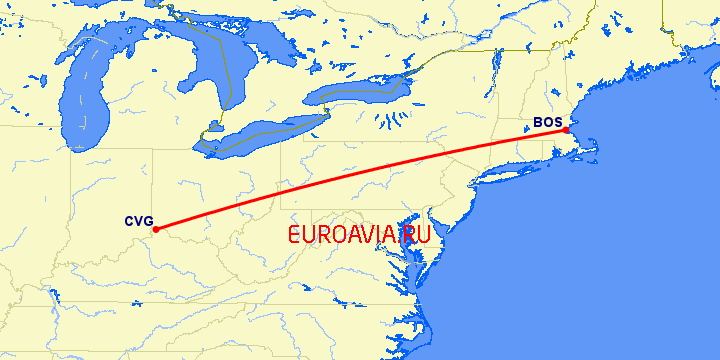 перелет Бостон — Кавингтон на карте