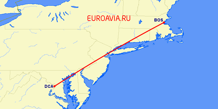 перелет Бостон — Вашингтон на карте