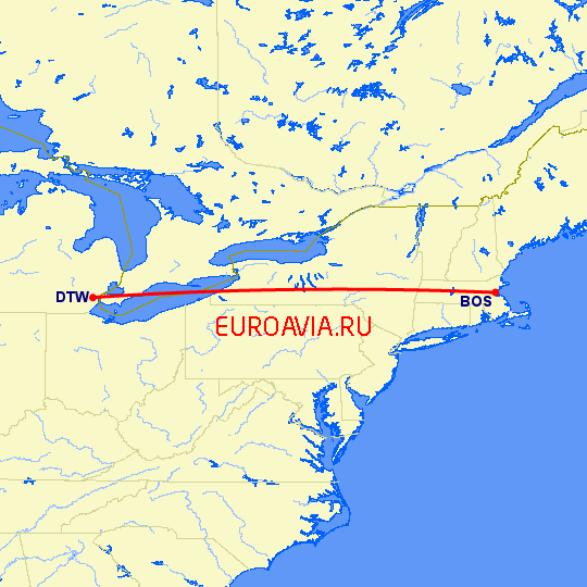 перелет Бостон — Детройт на карте