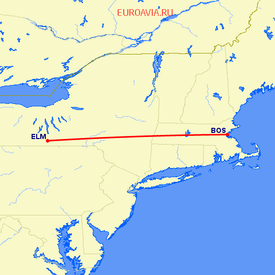 перелет Бостон — Corning на карте