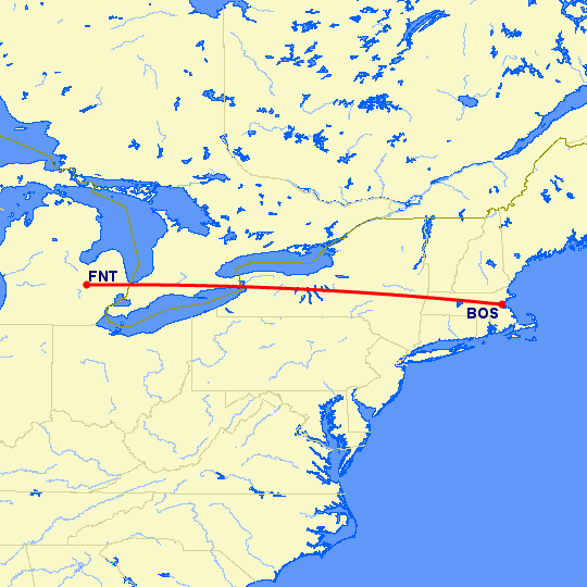 перелет Бостон — Флинт на карте