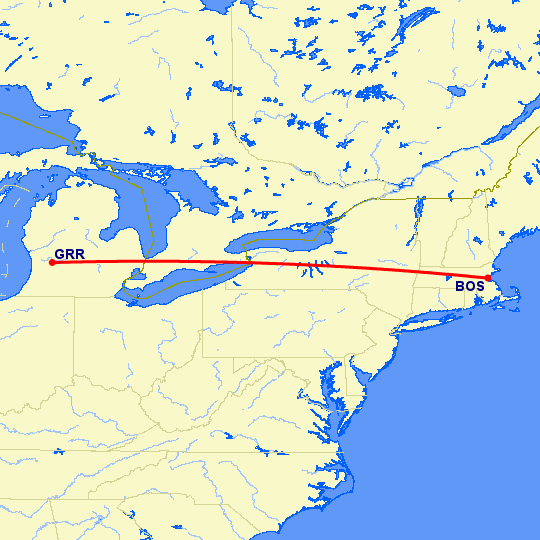 перелет Бостон — Гранд Рапидс на карте