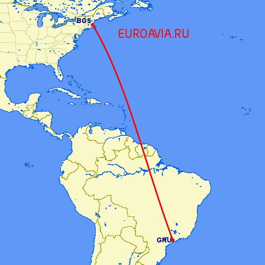 перелет Бостон — Сан Паулу на карте
