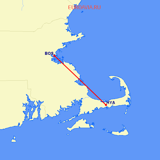 перелет Бостон — Хианнис на карте