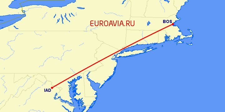 перелет Бостон — Вашингтон на карте
