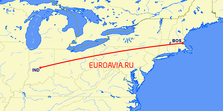 перелет Бостон — Индианаполис на карте