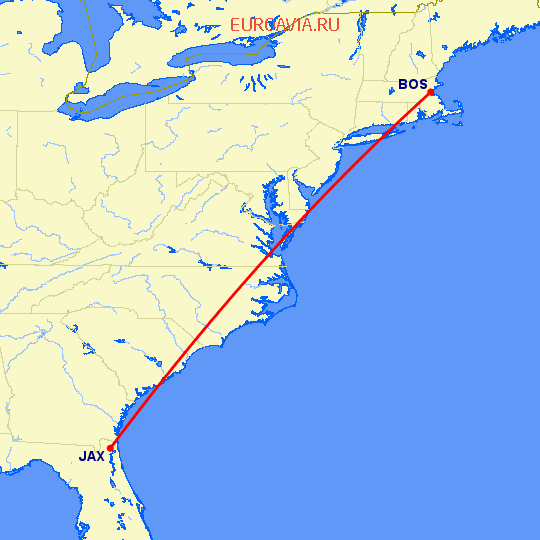 перелет Бостон — Джексонвиль на карте