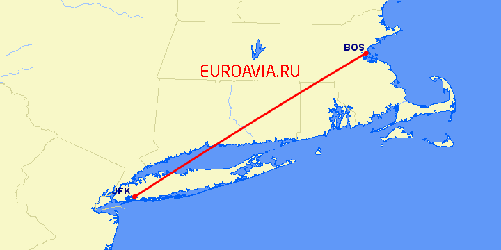 перелет Бостон — Нью Йорк на карте