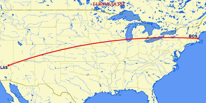 перелет Бостон — Лас Вегас на карте