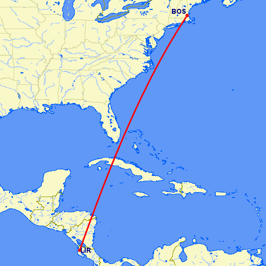 перелет Бостон — Либерия на карте