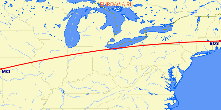 перелет Бостон — Канзас Сити на карте