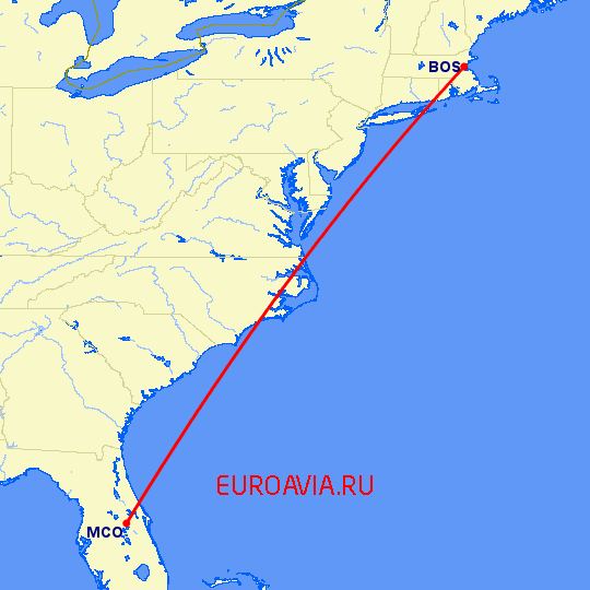 перелет Бостон — Орландо на карте
