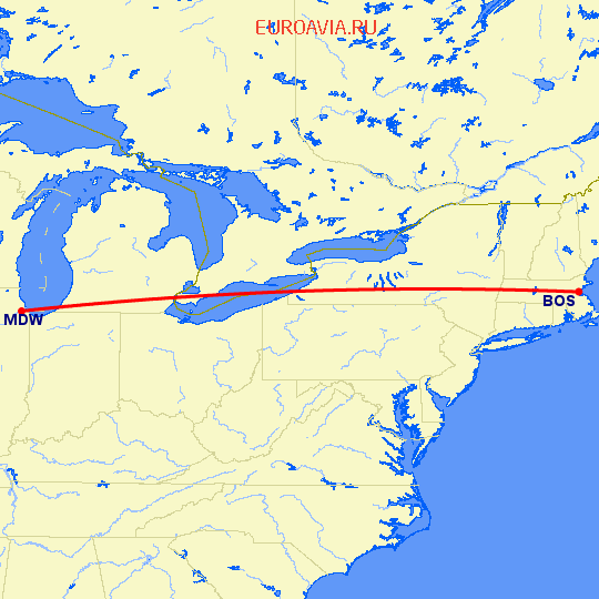 перелет Бостон — Чикаго на карте