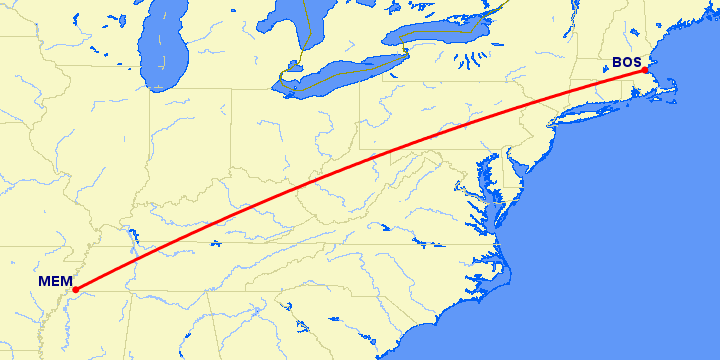 перелет Бостон — Мемфис на карте