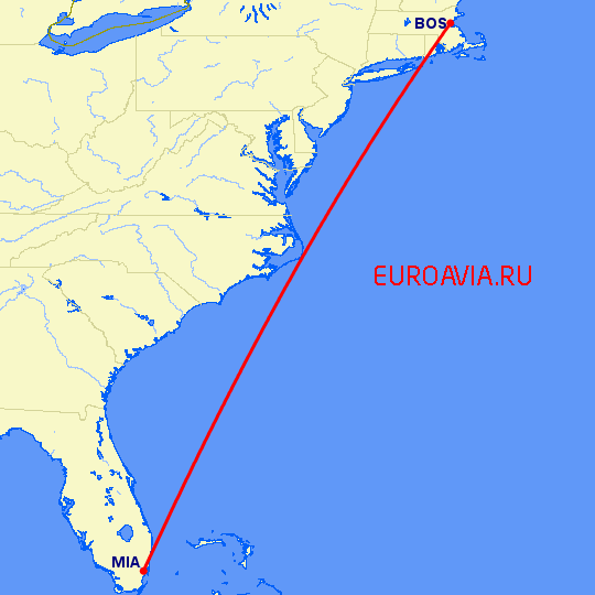 перелет Бостон — Майами на карте