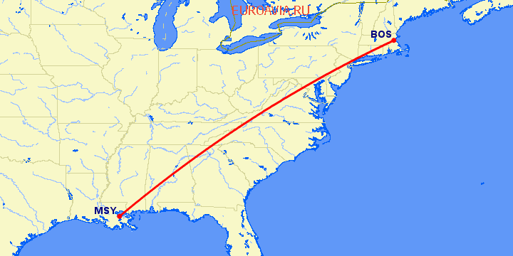 перелет Бостон — Новый Орлеан на карте