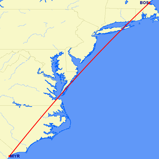 перелет Бостон — Миртл Бич на карте