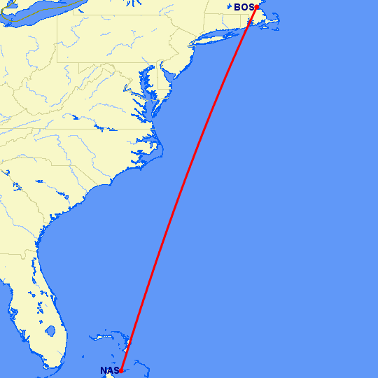 перелет Бостон — Нассау на карте