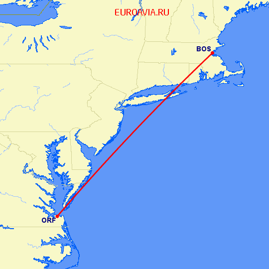 перелет Бостон — Норфолк на карте