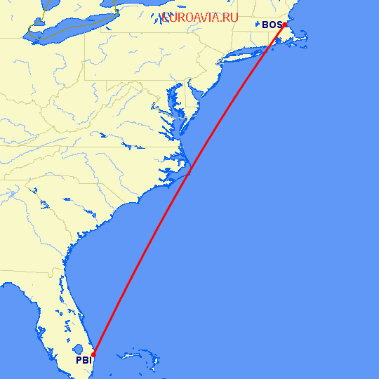 перелет Бостон — Уэст Палм Бич на карте
