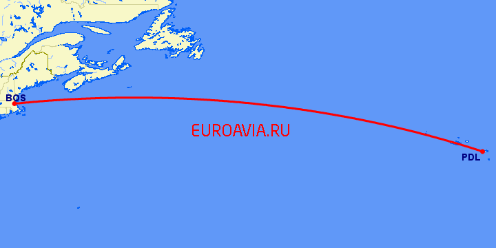 перелет Бостон — Ponta Delgada на карте