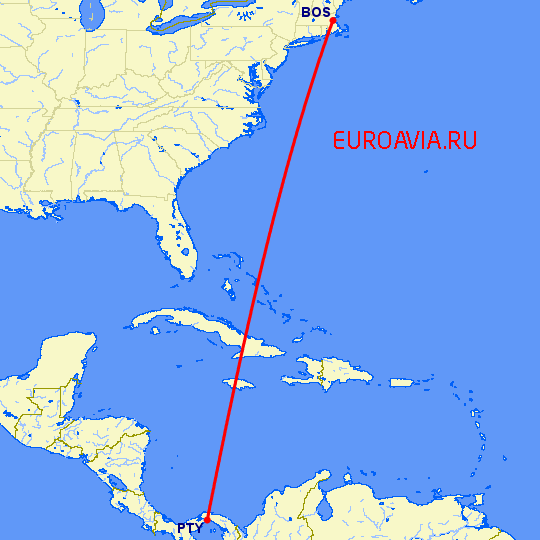 перелет Бостон — Панама Сити на карте
