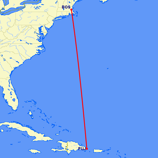 перелет Бостон — Пунта Кана на карте