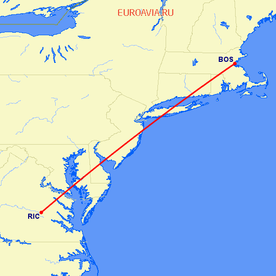 перелет Бостон — Ричмонд на карте